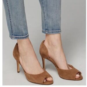 Suede Peep‎ Open Toe Heels Tan Brown Dress Pumps Women's Shoes 8.5